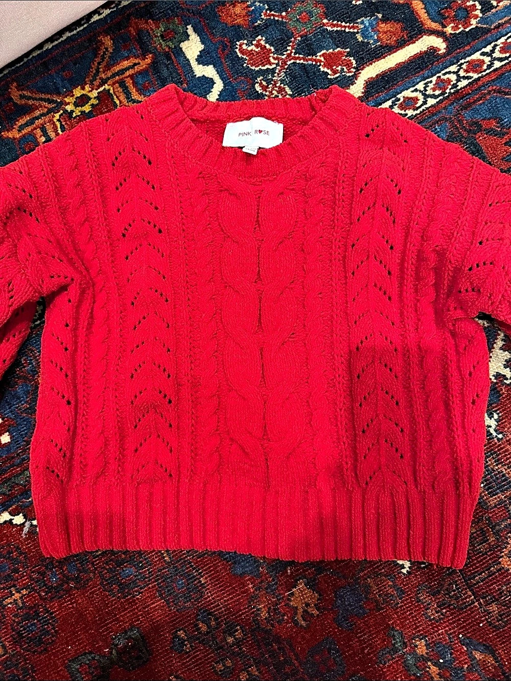 Pink Rose Cable Knit Open-Knit Sweater in Red child size Small